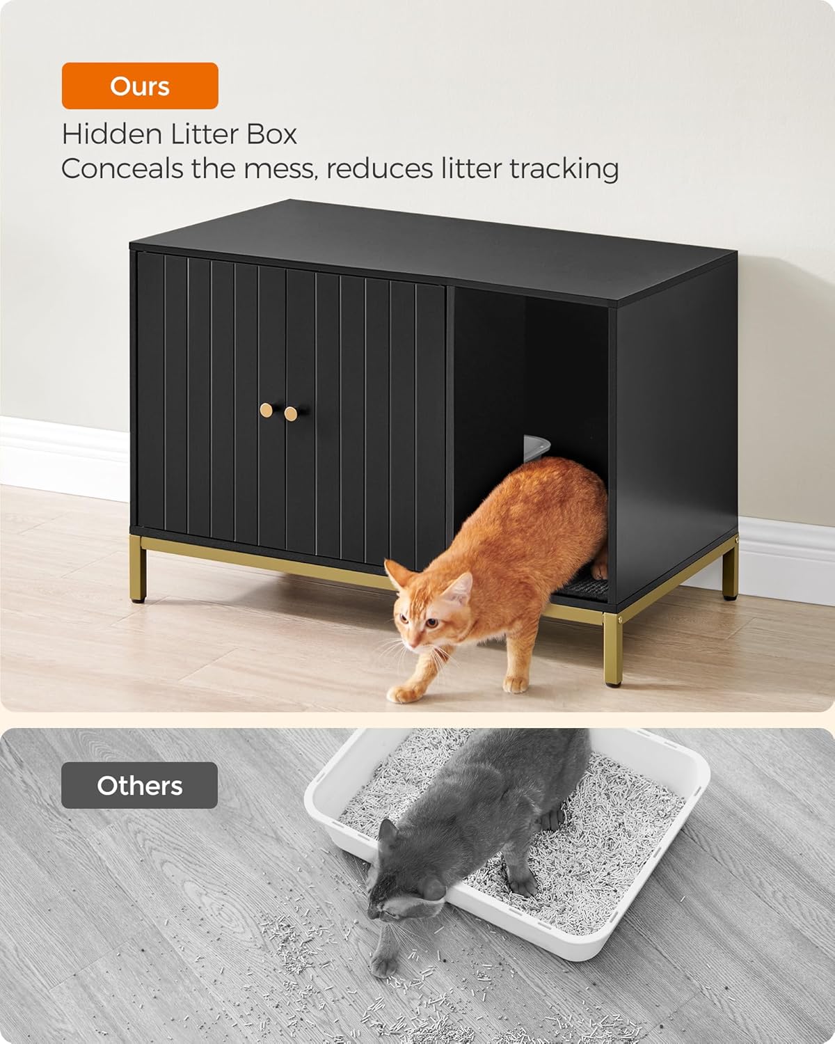 Feandrea Cat Litter Cabinet, Cat House, Cat Toilet, with Scratching Mat, High Legs, for Cats, Side Table, 80 x 50 x 55 cm, Black and Gold PCL007B01 - Image 9